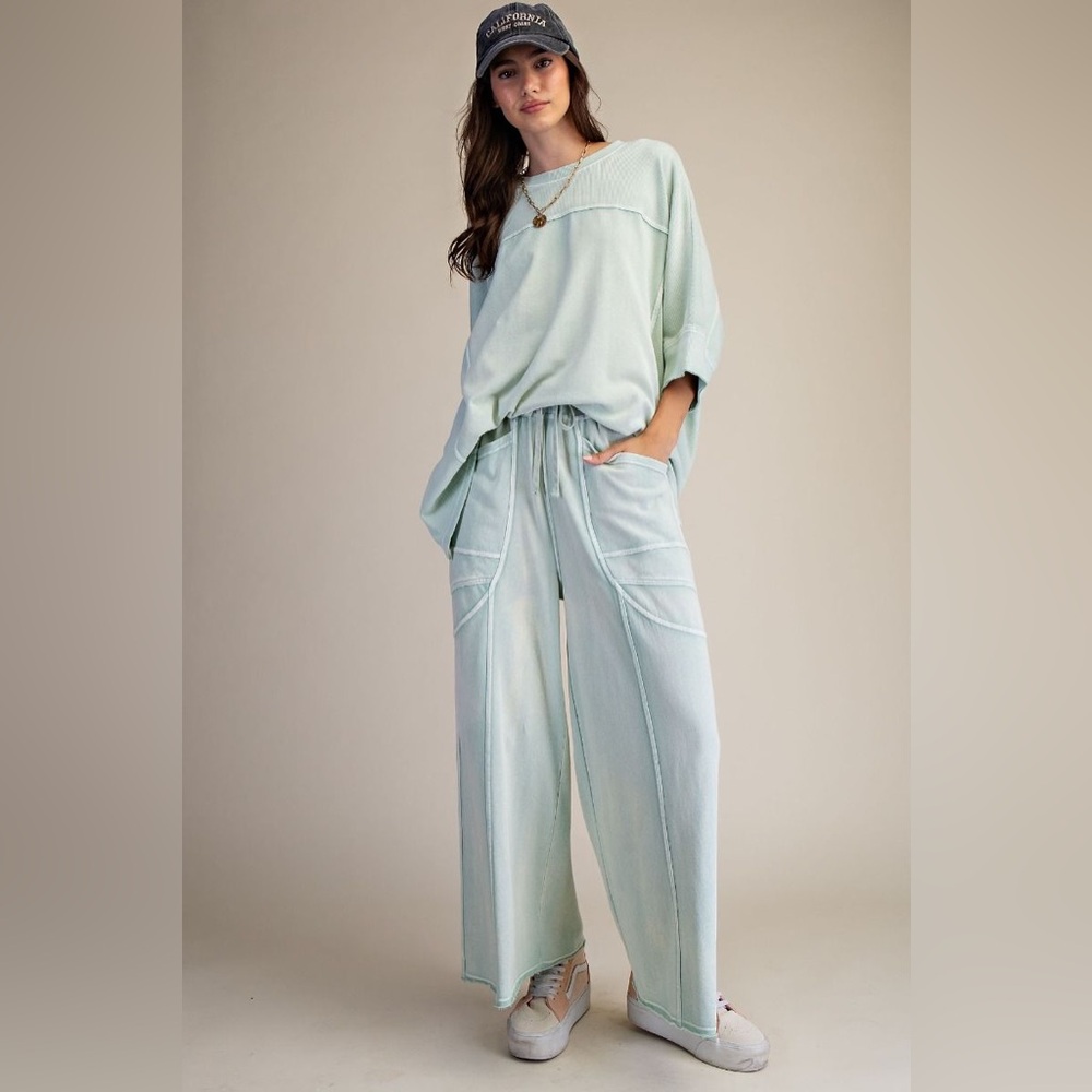 Easel teal set monkey washed terry knit wide leg
